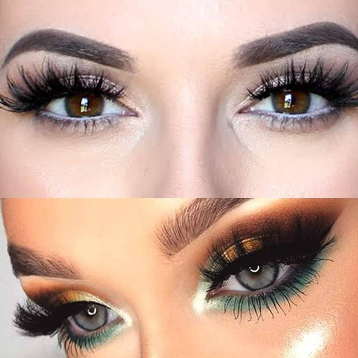 Black false eyelashes worn by a model, showing full lashes and eye makeup.