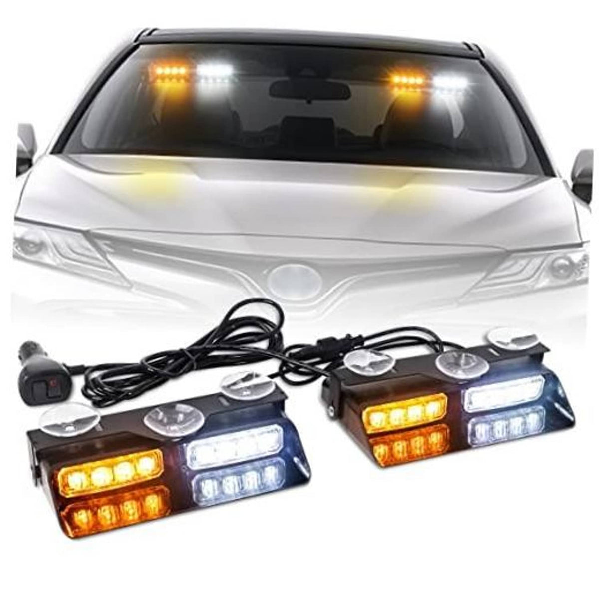 Amber and white dash strobe LED emergency light bars with wired controller and suction mounts