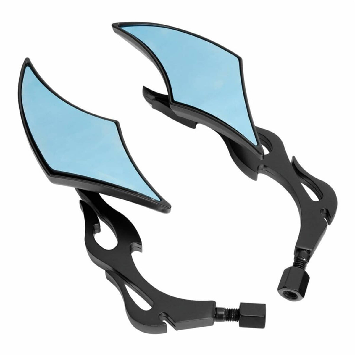 Motorcycle rearview side mirrors with black mounts and blue-tinted lenses, angled view