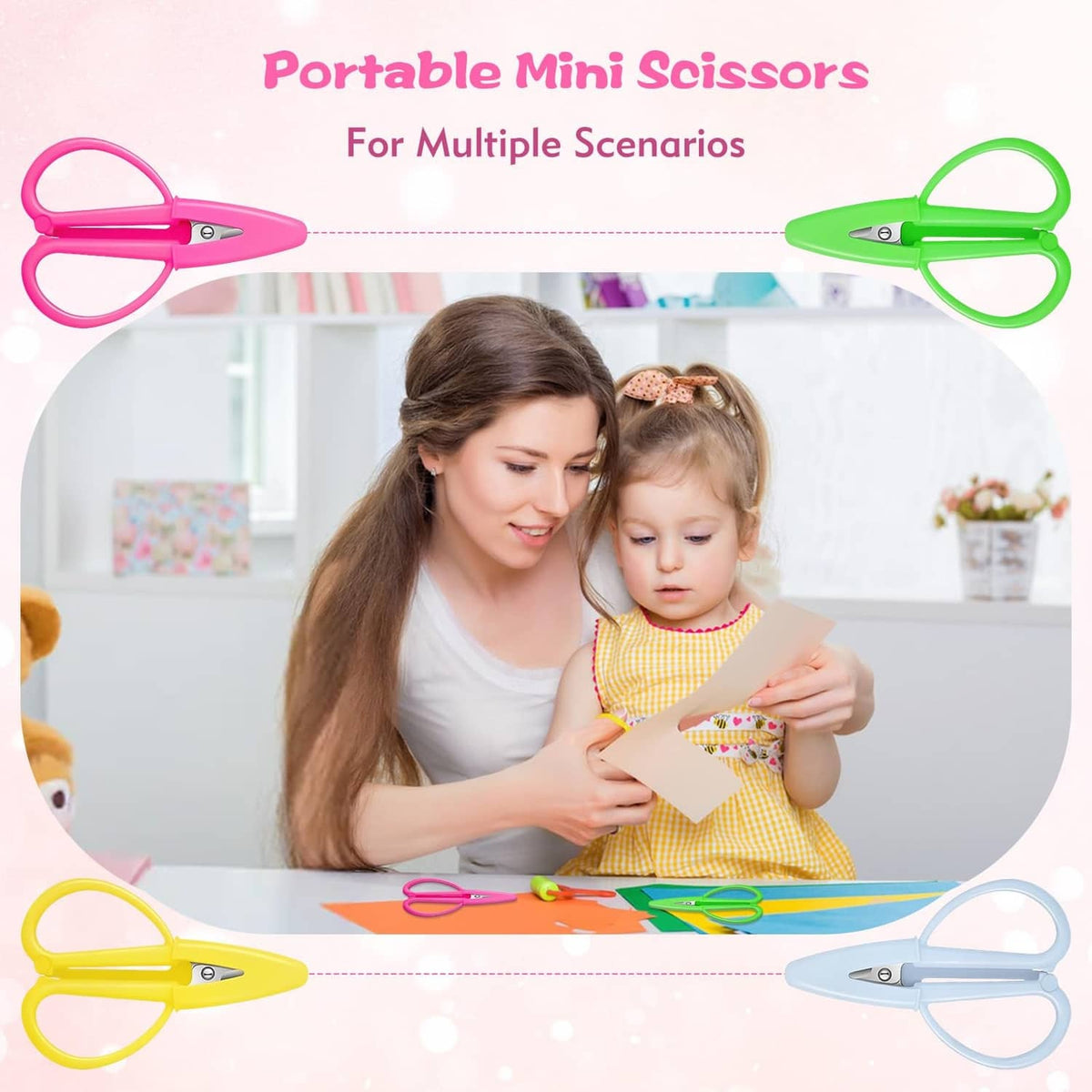 Portable mini scissors set with pink, green, yellow, and light blue loop handles