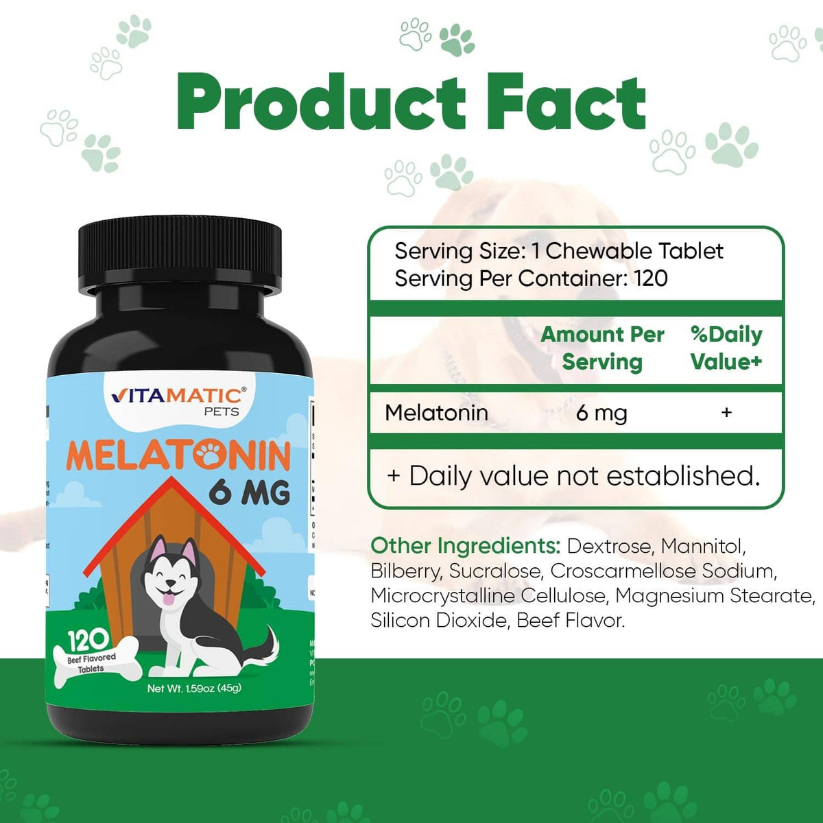 Vitamatic Pets Melatonin 6 mg bottle with product facts panel and serving size