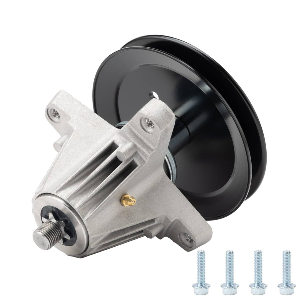 Deck spindle assembly with black pulley and silver bracket, side view