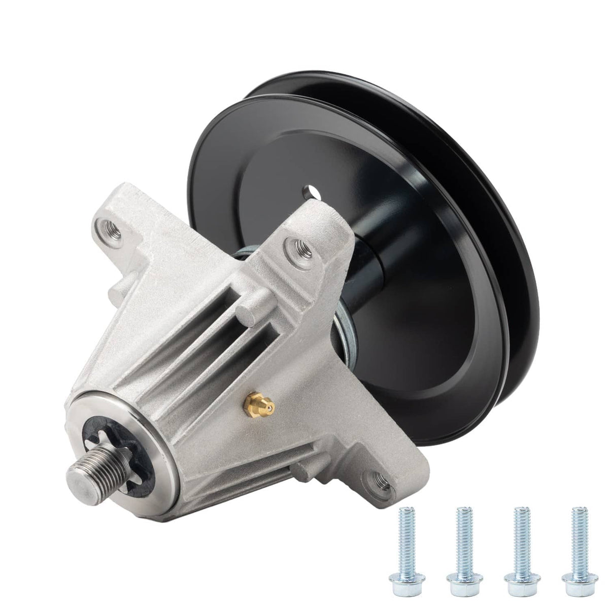 Deck spindle assembly with black pulley and silver bracket, side view