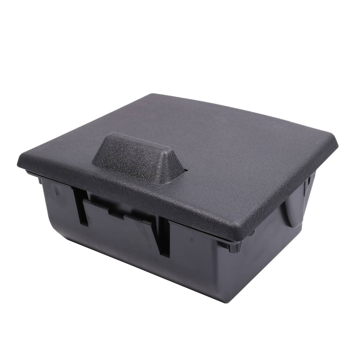 Black front dual cup holder with closed lid and recessed rectangular handle