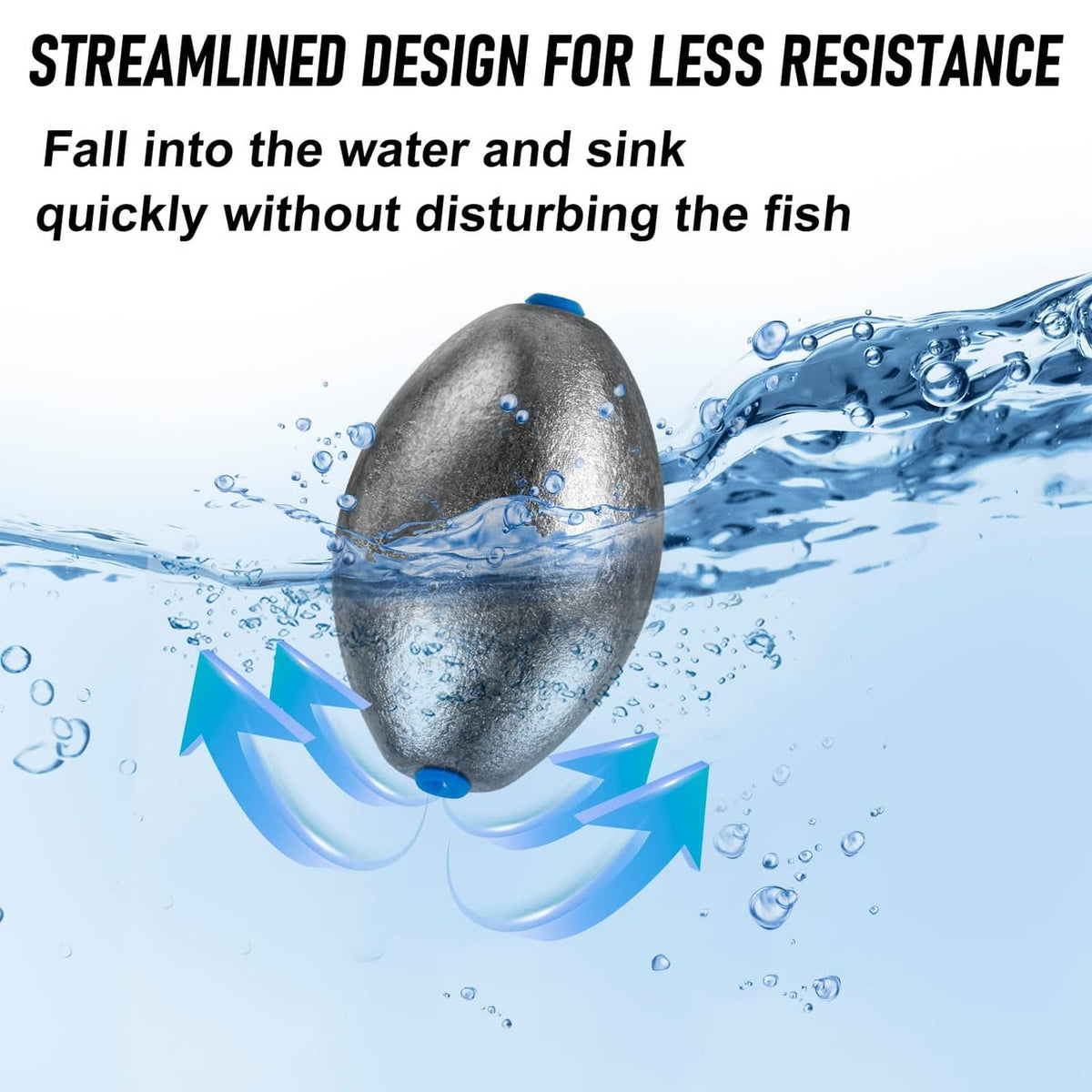 Oval lead fishing sinker, dark gray metal streamlined shape with blue attachment
