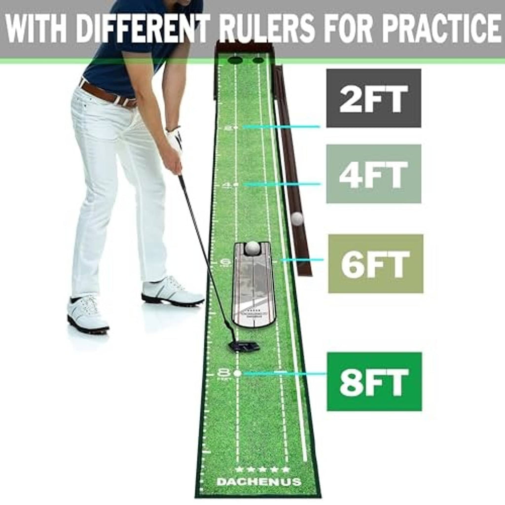 Olive-green putting mat with base channel and ball return track for practice