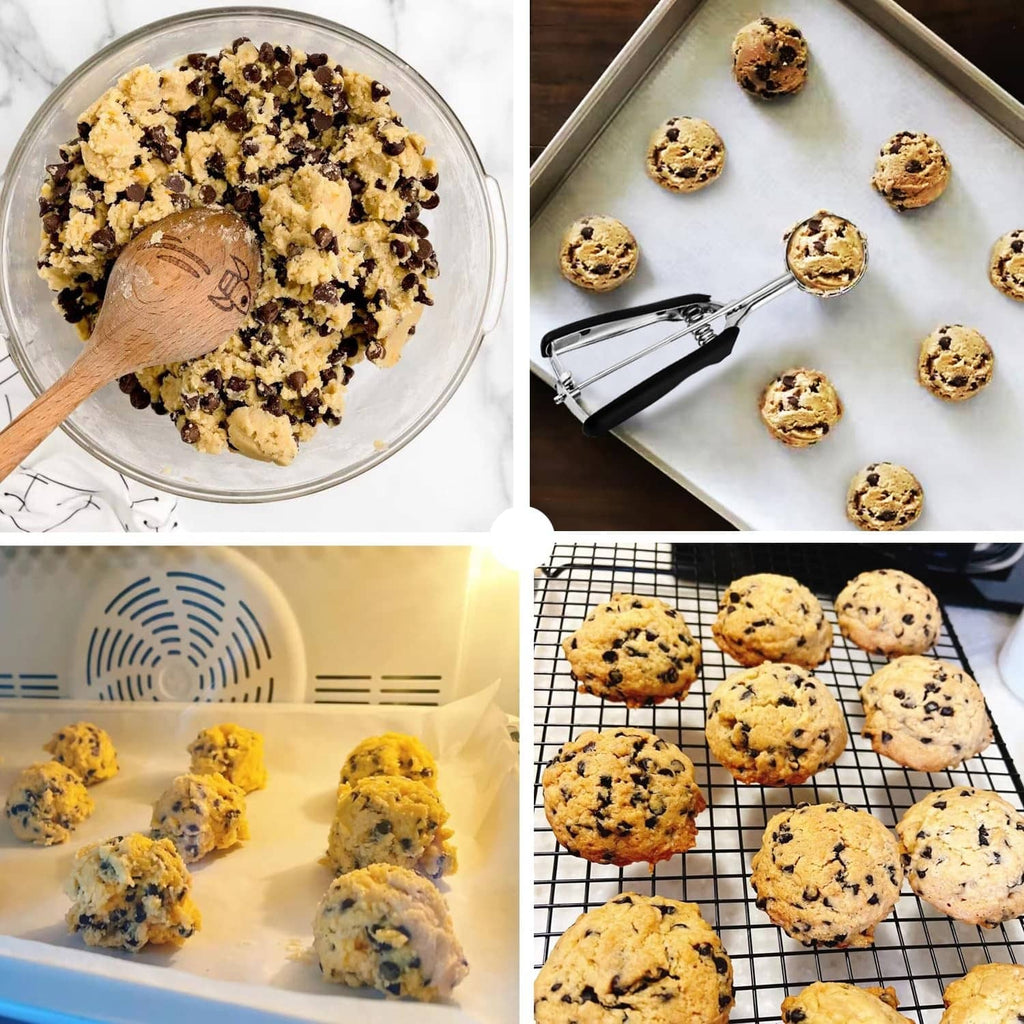 Cookie scoop set portioning chocolate chip cookies on a baking tray and in a bowl