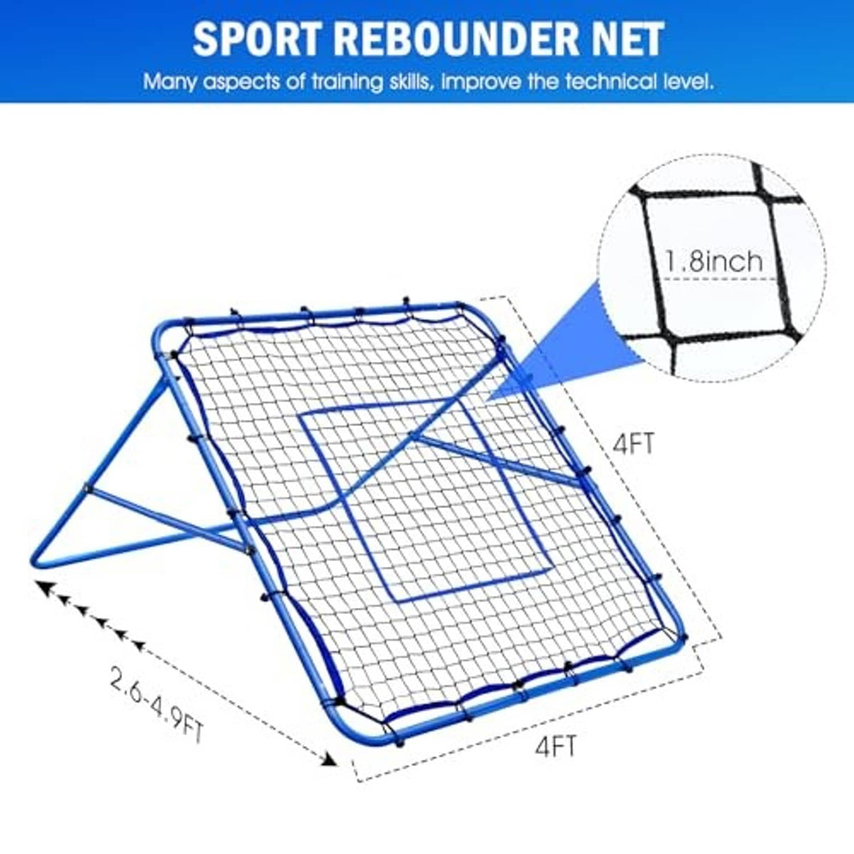 Blue rebounder net dimension view with white mesh grid and reinforced frame
