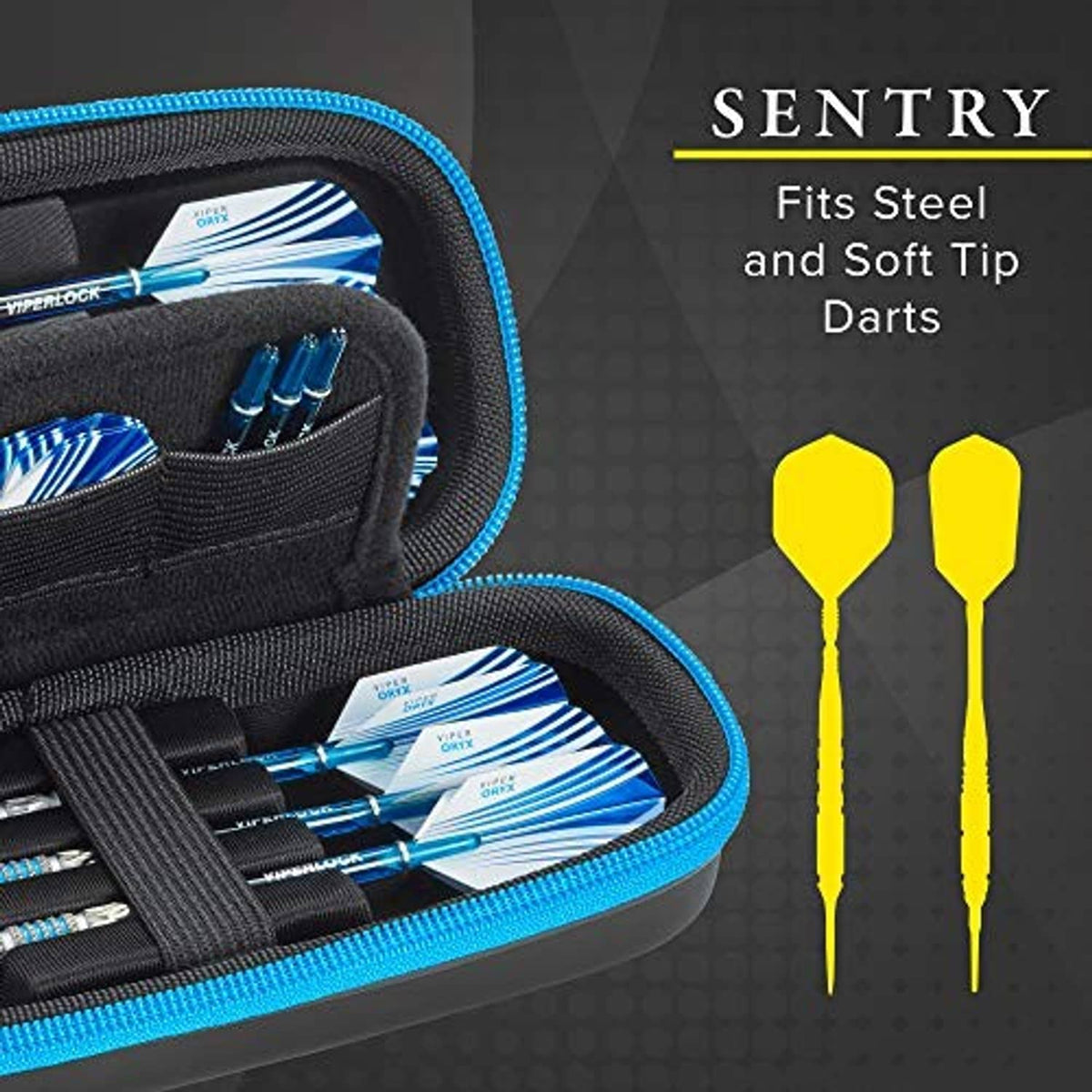 Open black dart case with blue trim showing dart sets and accessory pockets.