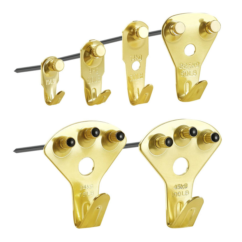 Set of gold metal picture hanging hooks with nails, assorted capacities and styles