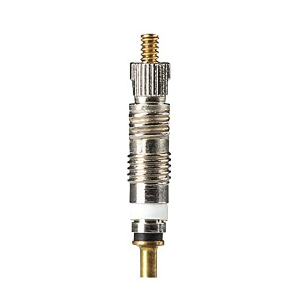 Close-up of a metal Presta valve core with threaded top, no cap shown.