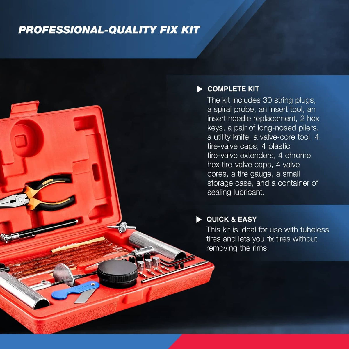 Tubeless tire repair kit case with plug tools, pliers, and extension pieces
