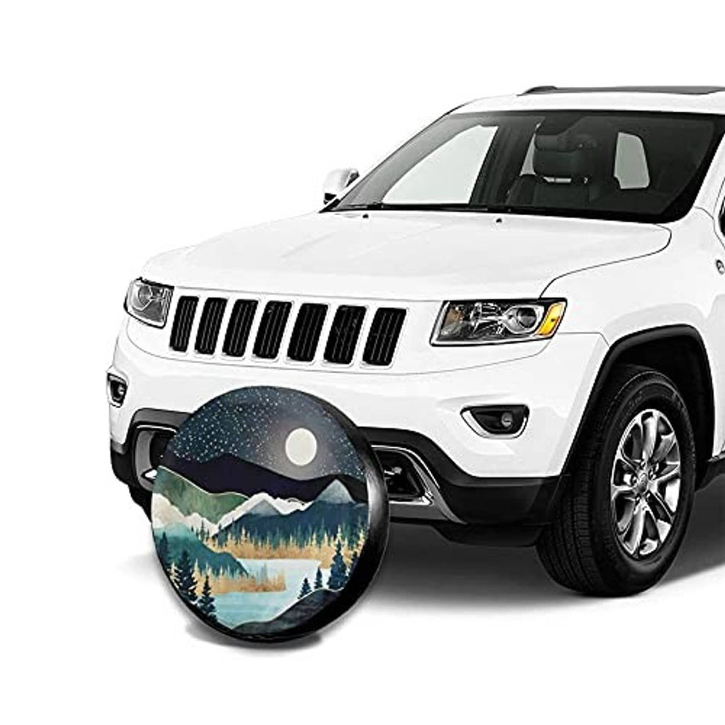 Round spare tire cover with moon, starry sky mountains, and pine trees illustration