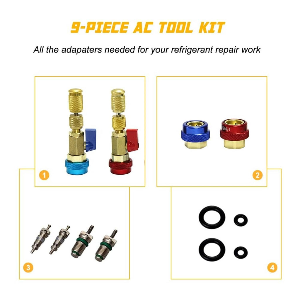 AC tool kit parts set with brass adapters, service ports, valve cores, and O-rings