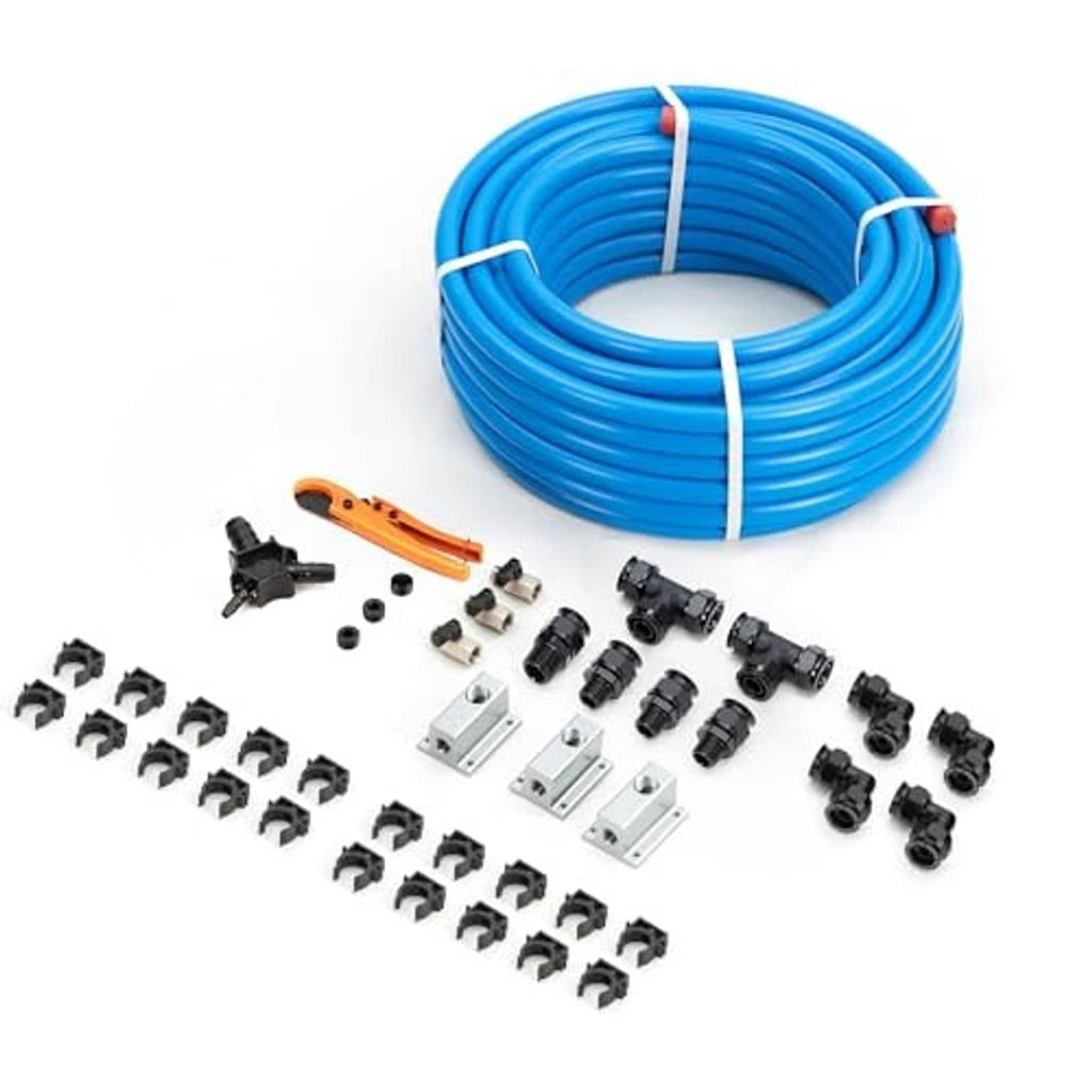 Blue coiled air hose with scattered connectors, tees, and mounting clips