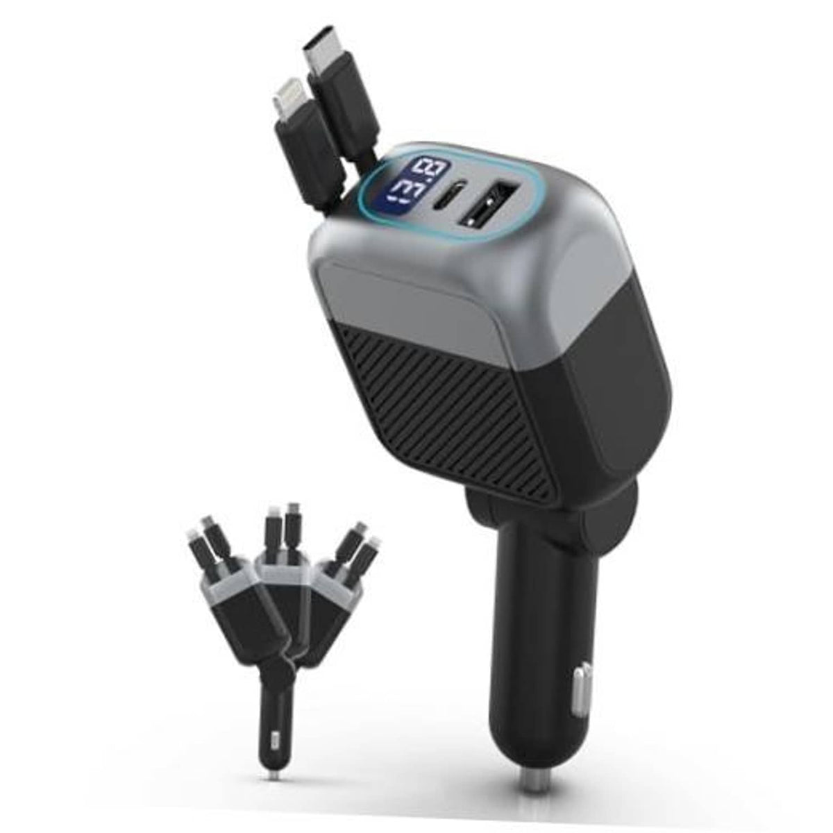 Retractable car charger with built-in display and dual USB port charging head