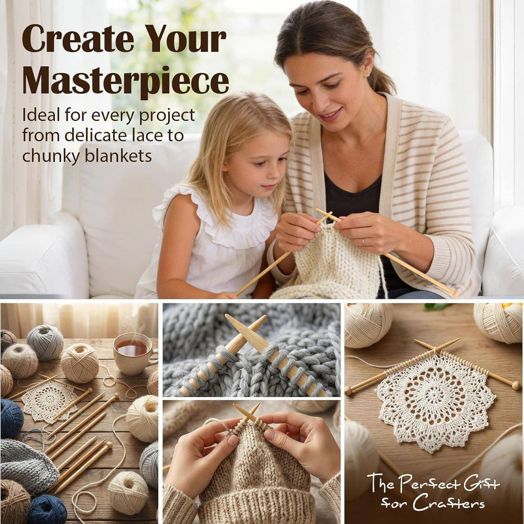 Bamboo knitting needles set in hand, with yarn and knitted projects in progress