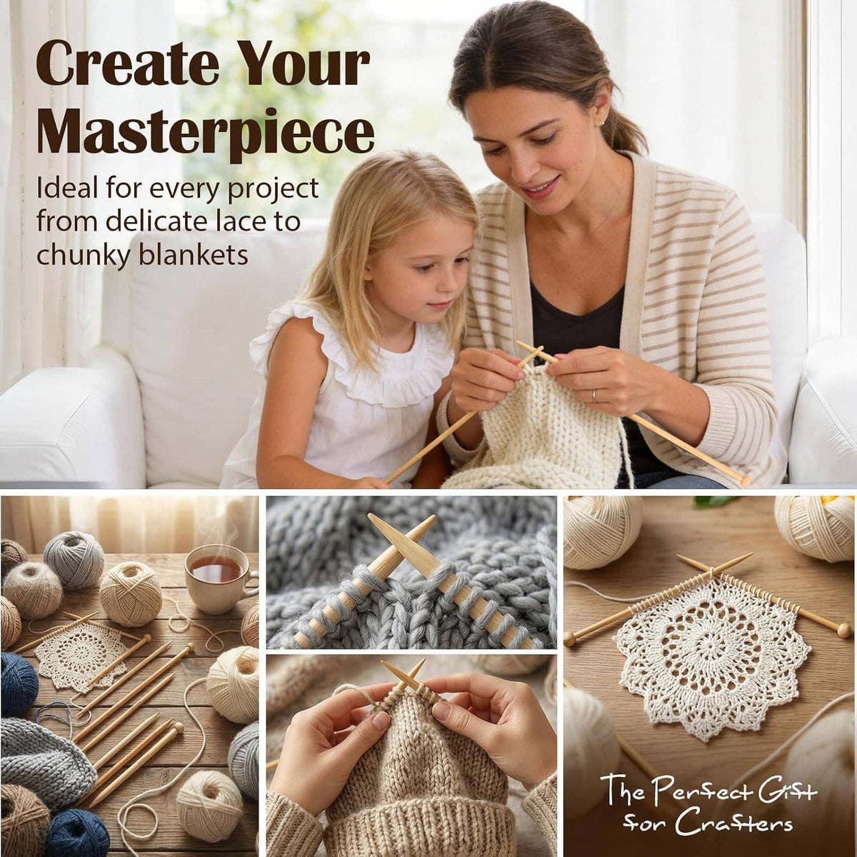 Bamboo knitting needles set in hand, with yarn and knitted projects in progress