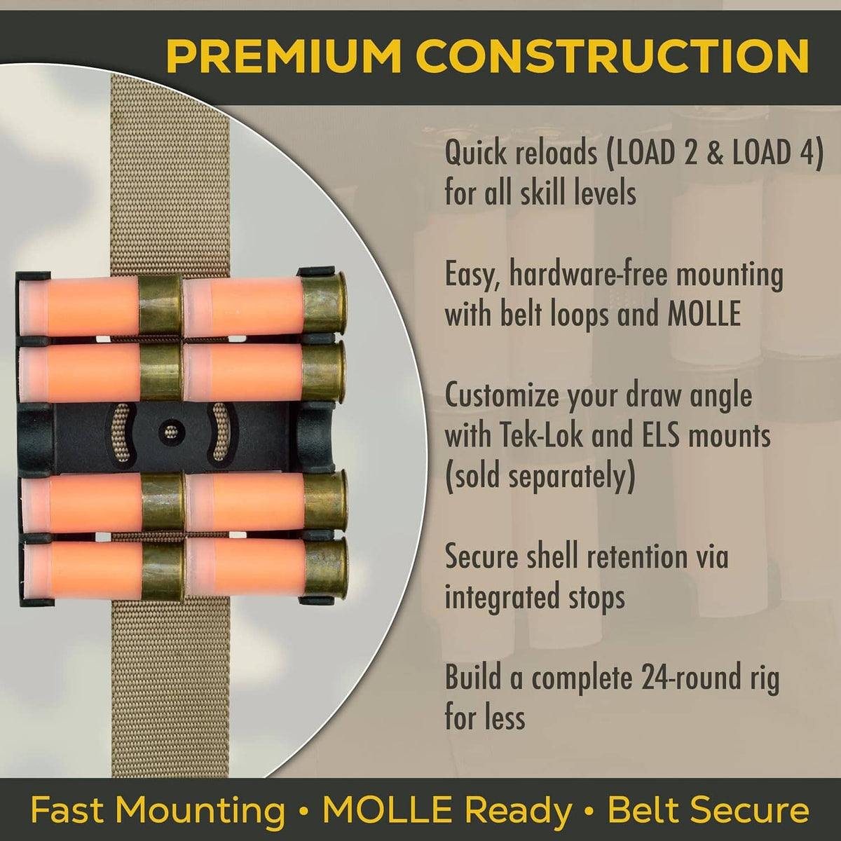 Black speed loader insert with multiple orange cartridges and belt-loop style mounting