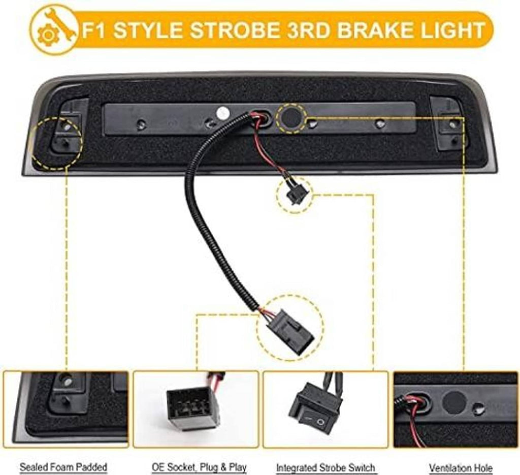 LED third brake light bar with open housing showing wiring and strobe switch