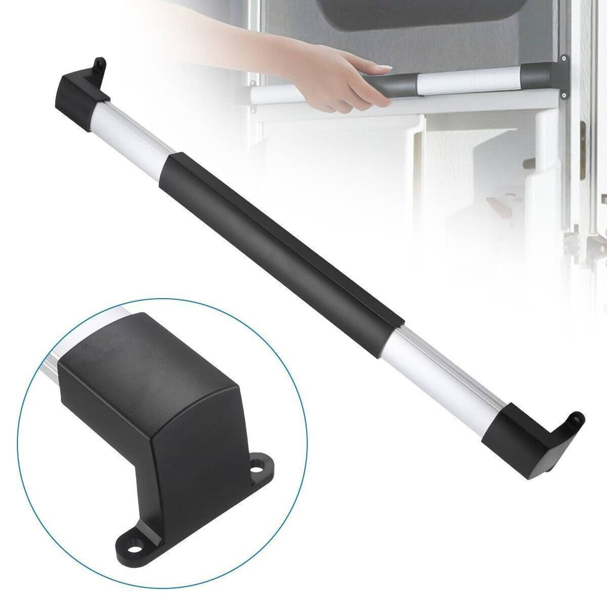 RV screen door cross bar handle with curved end brackets and comfort grip