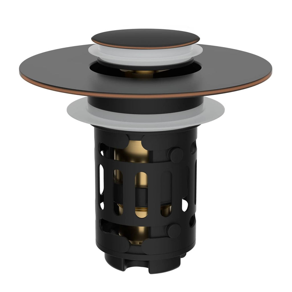 Black bathroom sink pop-up drain strainer with oil-rubbed bronze top and stopper