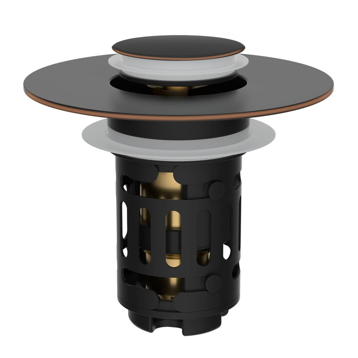 Black bathroom sink pop-up drain strainer with oil-rubbed bronze top and stopper