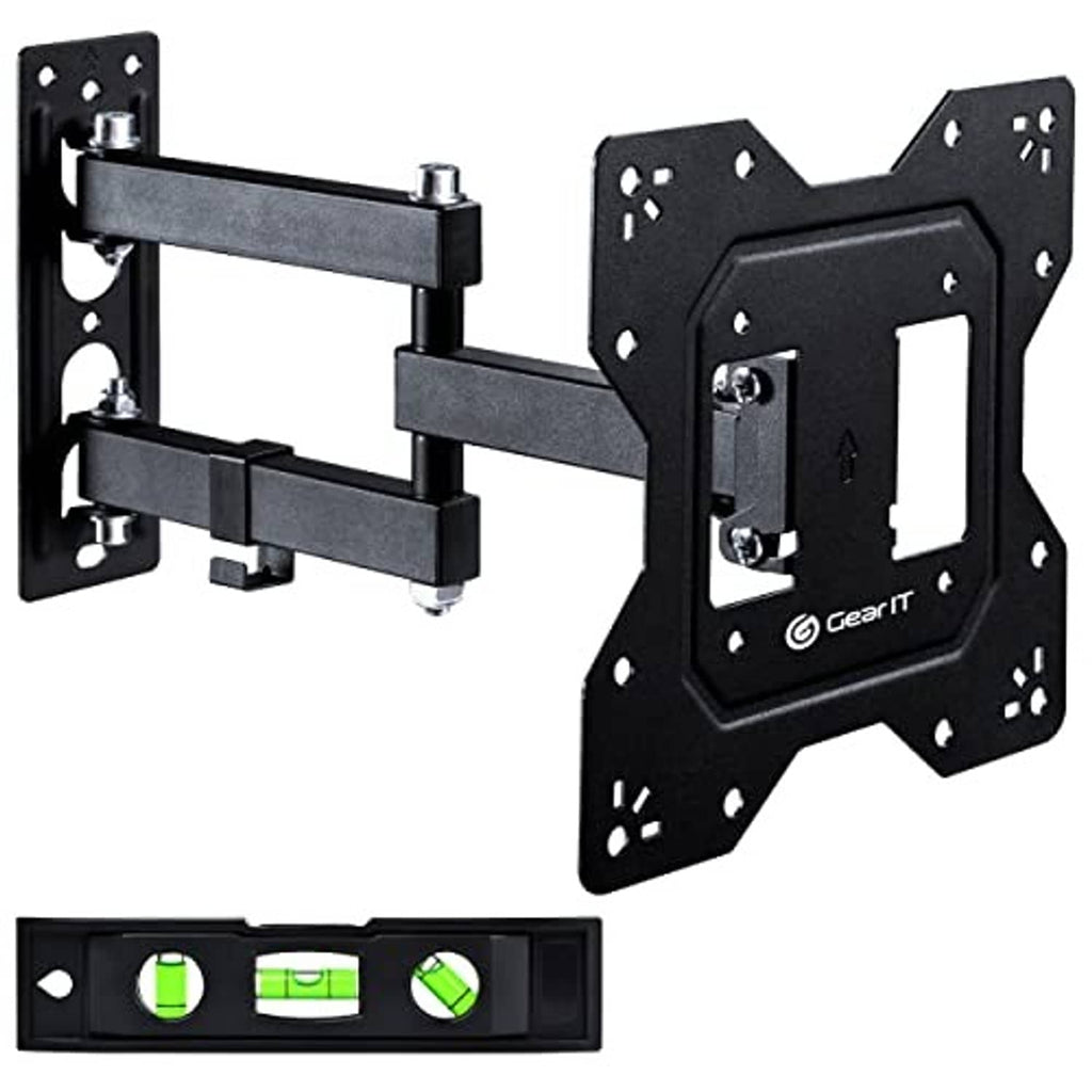 Black full-motion TV wall mount with VESA bracket plate and locking hinges