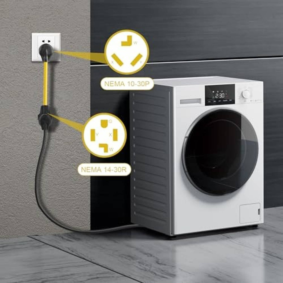 Yellow adapter cord with black NEMA plugs connecting to an appliance power inlet