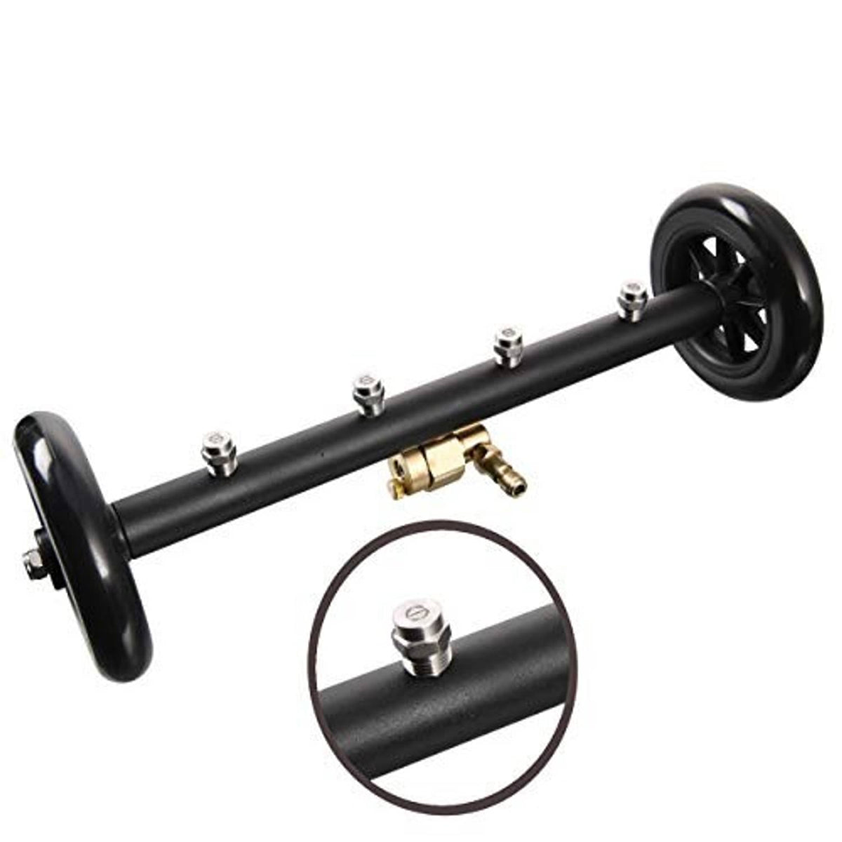 Black pressure washer surface-cleaner wand with wheels and brass quick-connect fittings