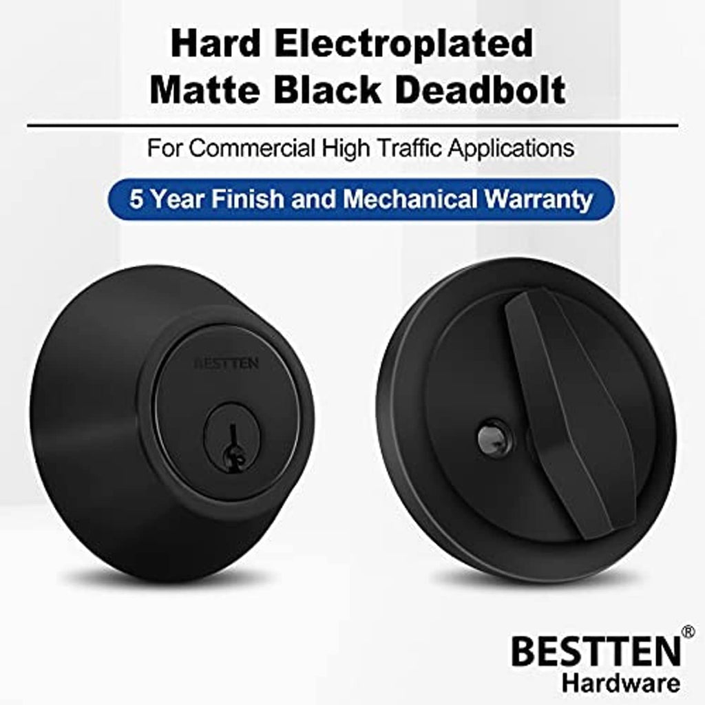 Matte black deadbolt exterior showing round faceplate and side profile key cylinder