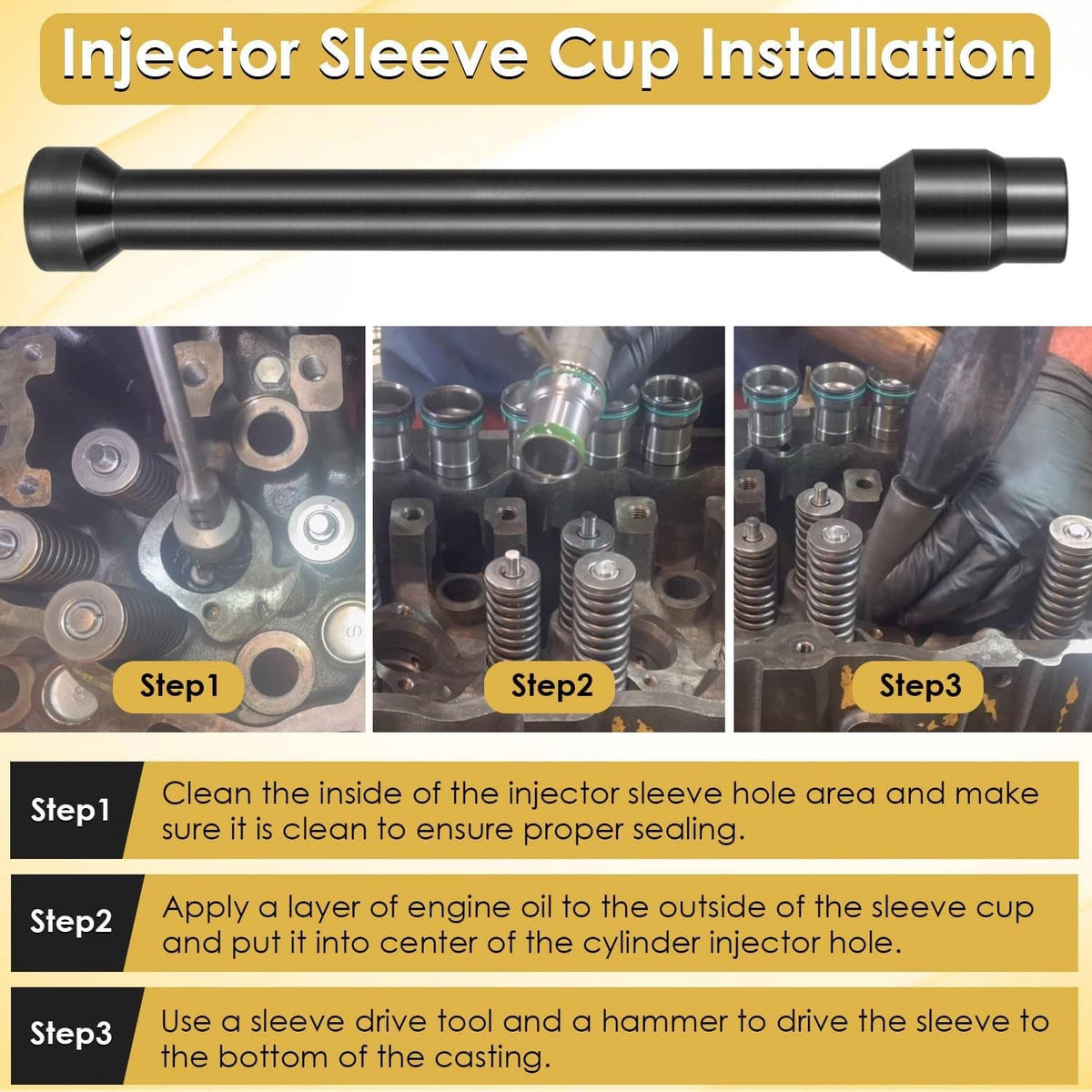 Injector sleeve cup installation tool with black driver shaft and metal sleeve cups