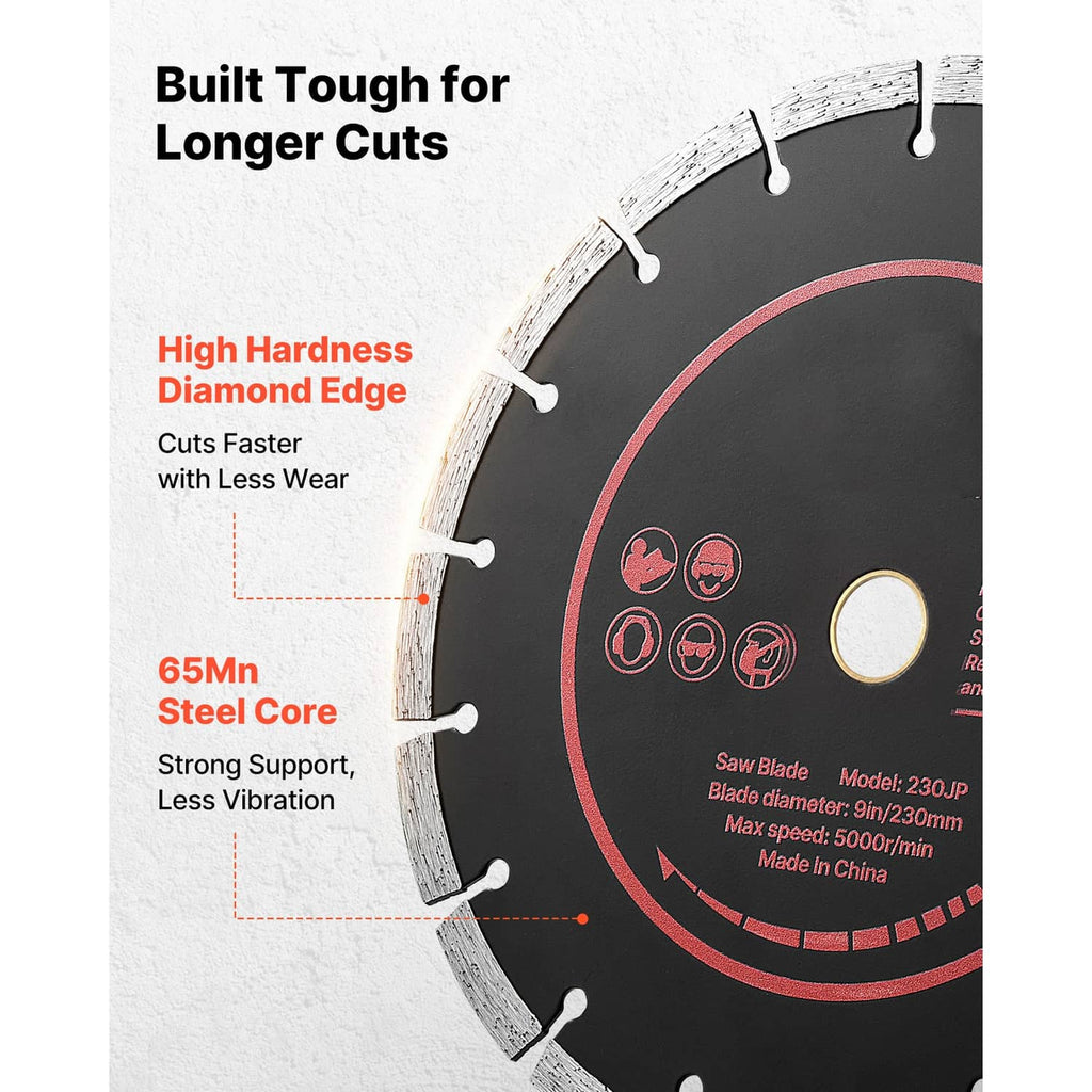 Diamond blade with red inner ring and wear-resistant rim teeth, core support diagram