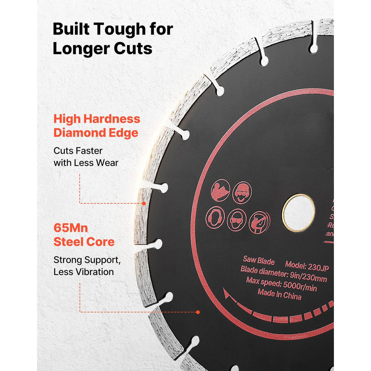 Diamond blade with red inner ring and wear-resistant rim teeth, core support diagram