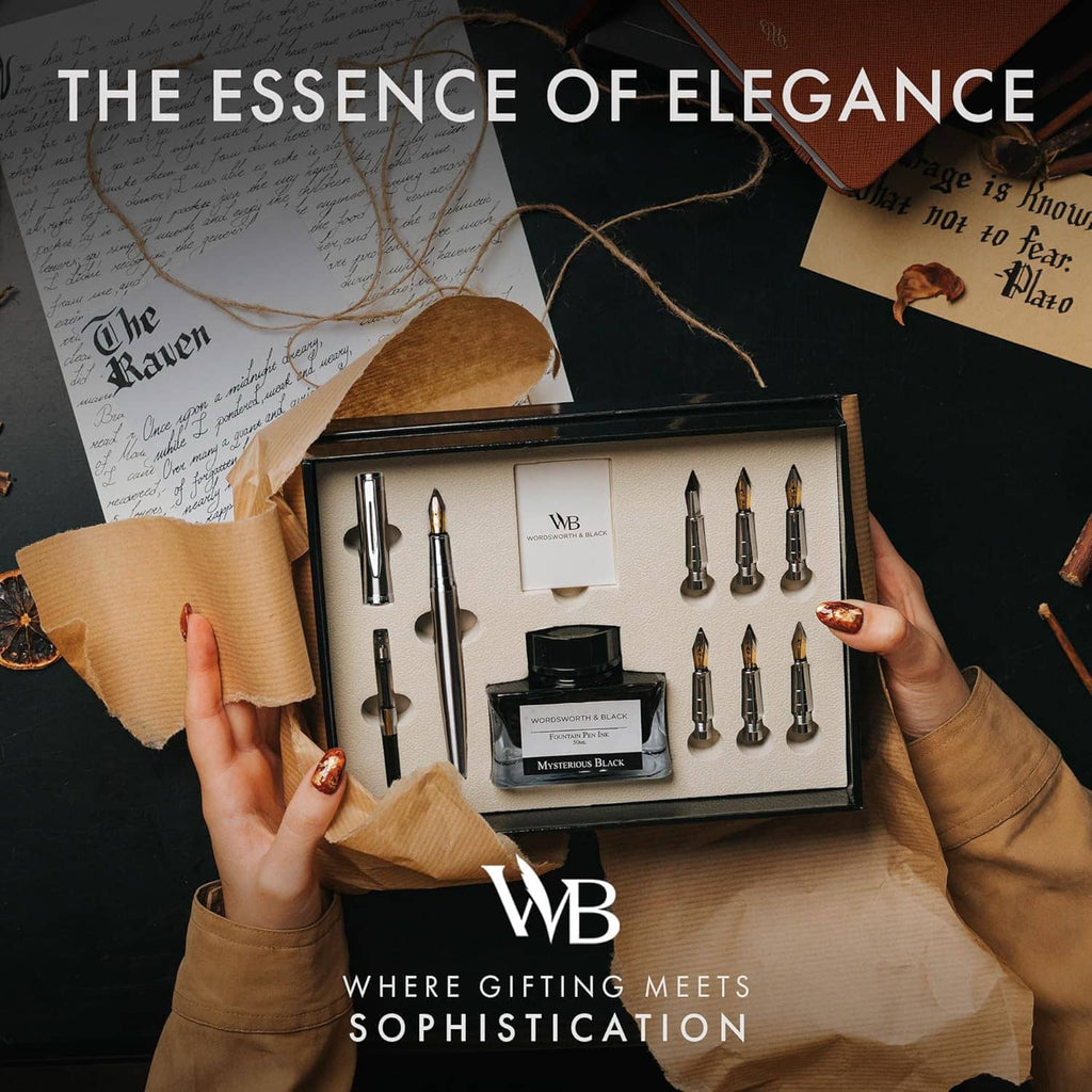 Calligraphy pen gift set inside open box with pens, cartridges, and ink bottle