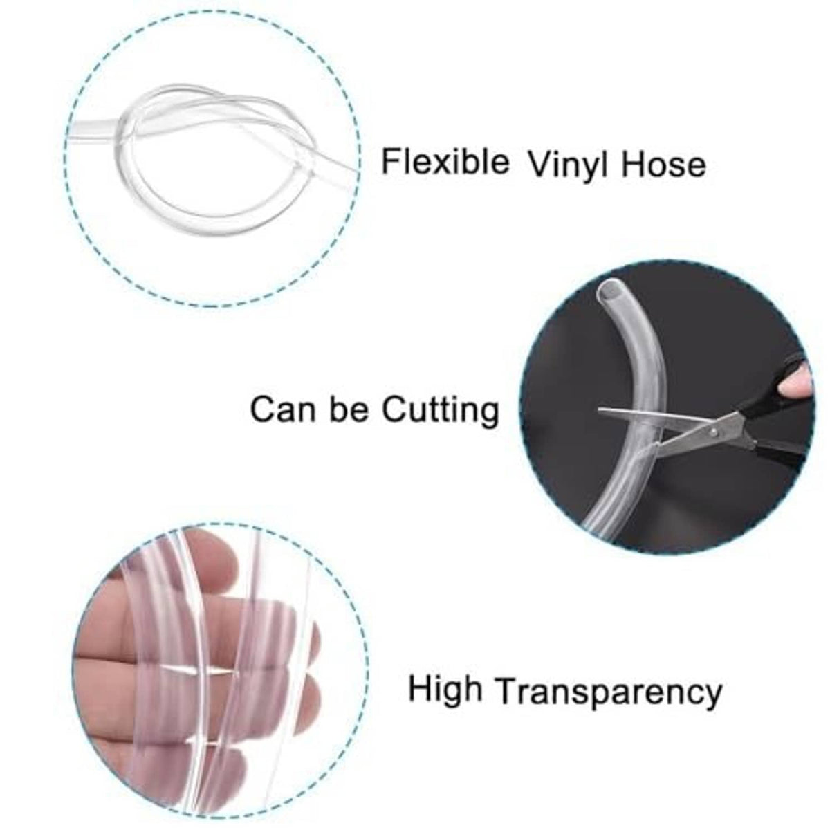 Clear flexible vinyl hose coil with close-up end section and cutting detail
