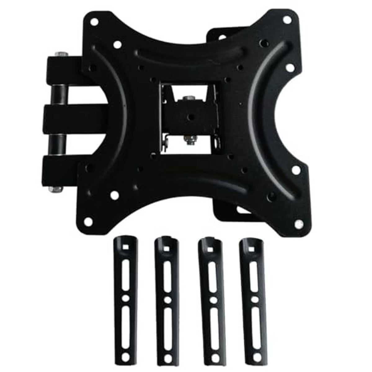 TV mount bracket plate with four slotted cable/adapter rails, black metal.
