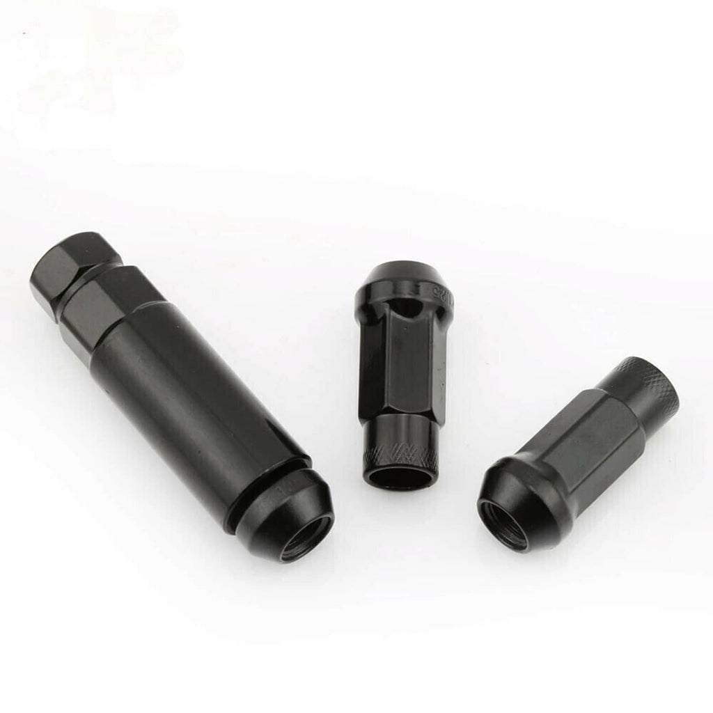 Three black extended wheel lug nuts with open-end hex and threaded socket