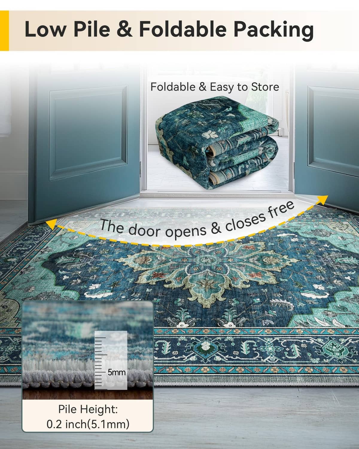 Low-pile teal patterned rug runner folded for compact storage
