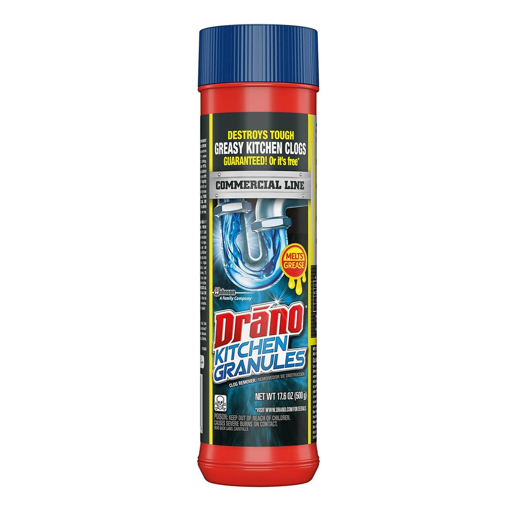 Kitchen drain clog remover granules bottle, blue label with red cap