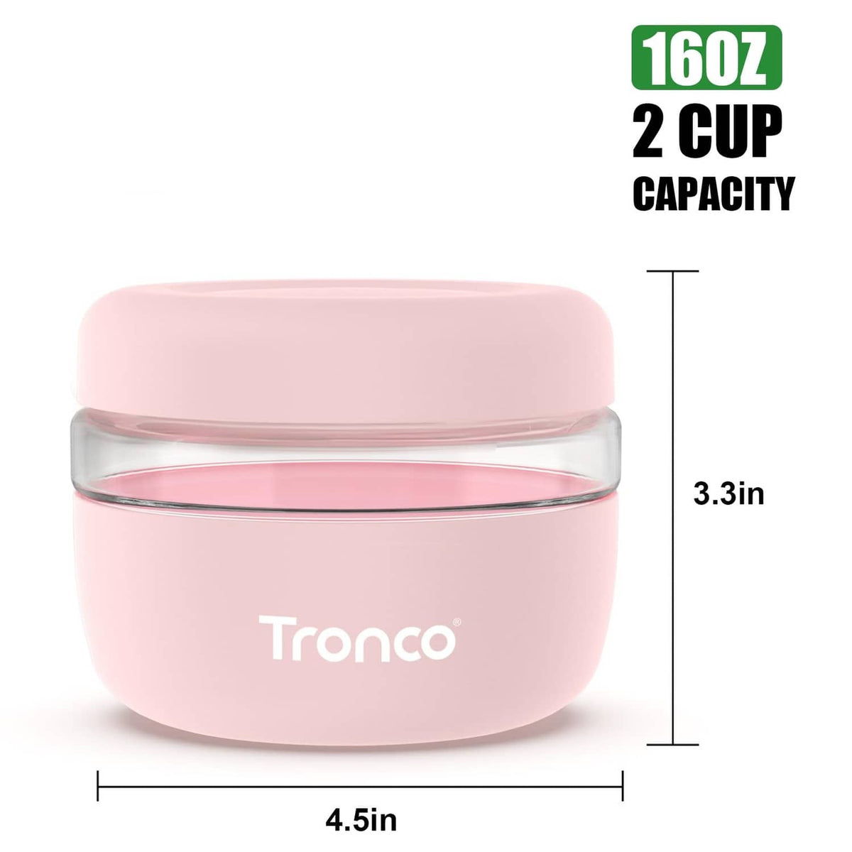 16 oz glass food storage container with light pink lid and mint body, 2-cup size