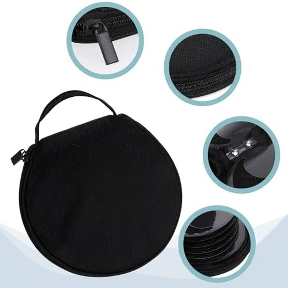 Black round CD/DVD storage case with zipper, shown with stacked discs and close-up details