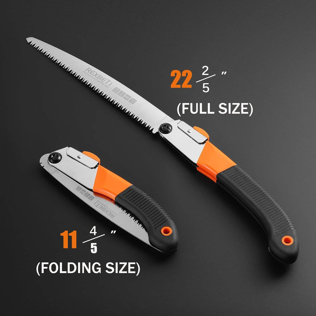 Folding hand saw showing full size 22 in and folding size 11 in with orange handle