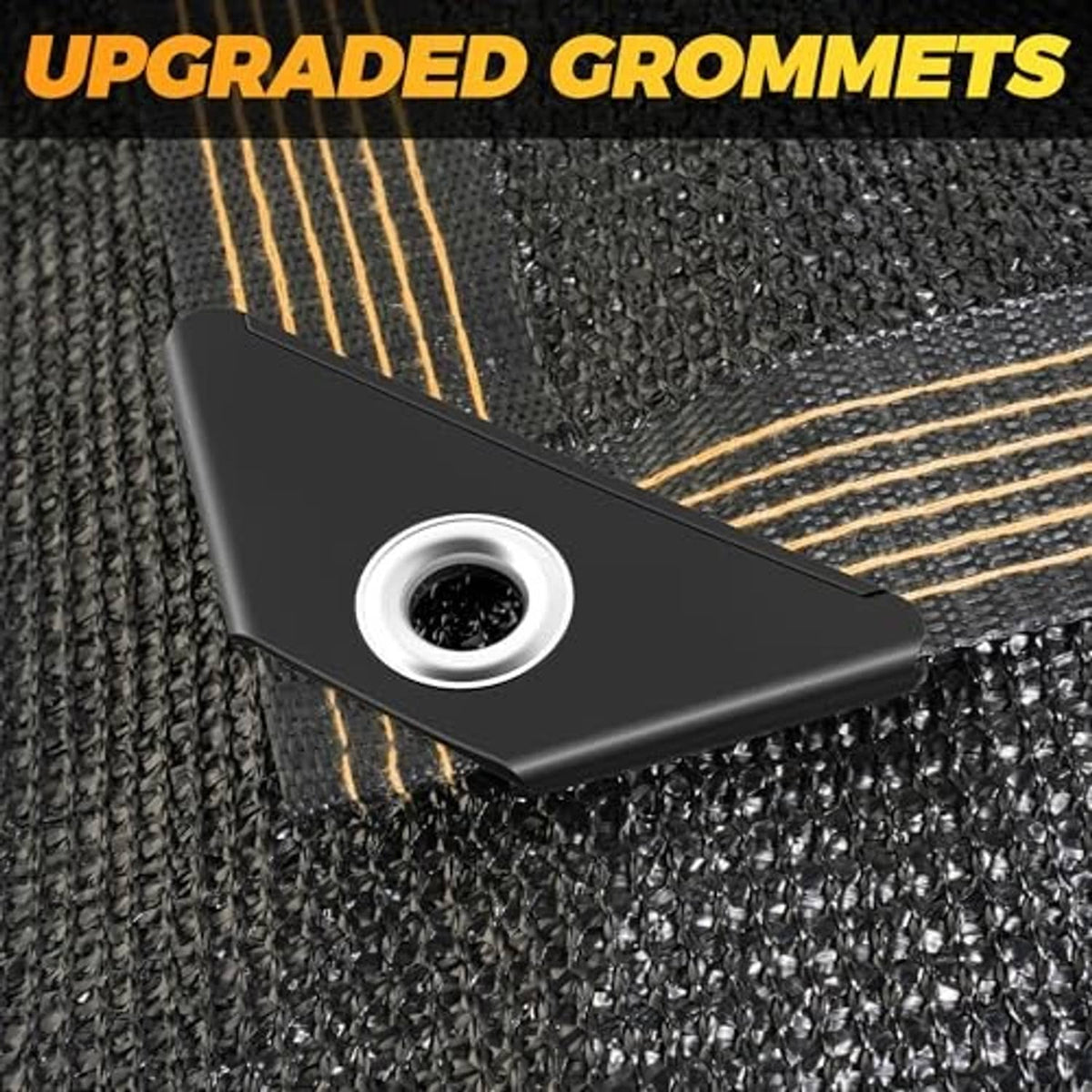Reinforced edge black shade cloth with metal grommet on a double-layer mesh seam