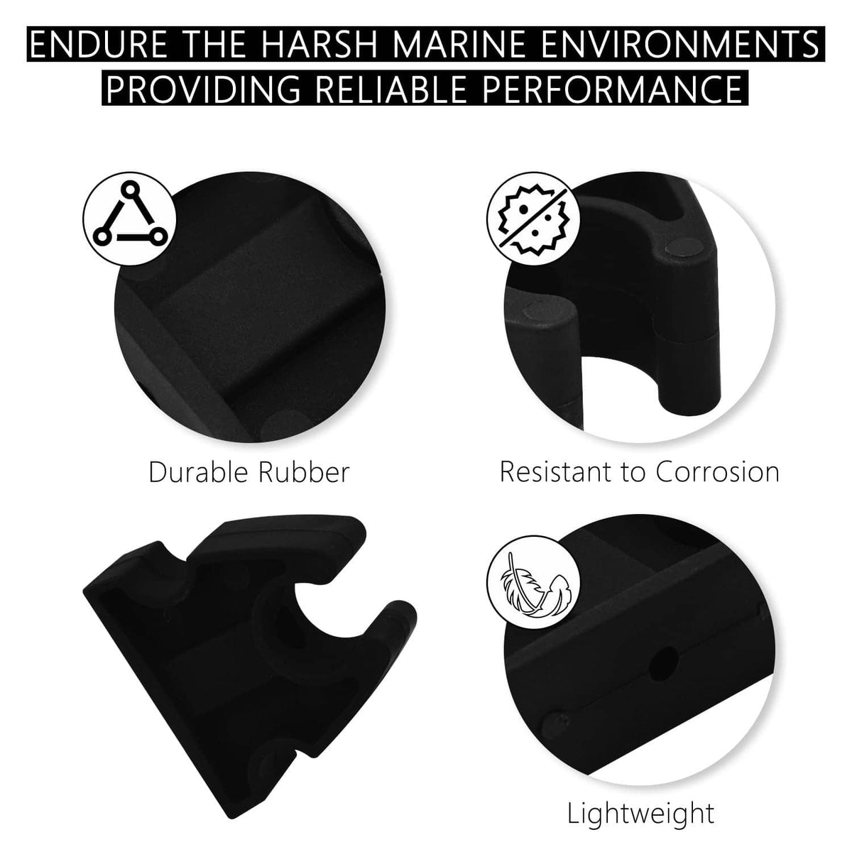 Black rubber boat light storage clip, durable molded body with textured surface