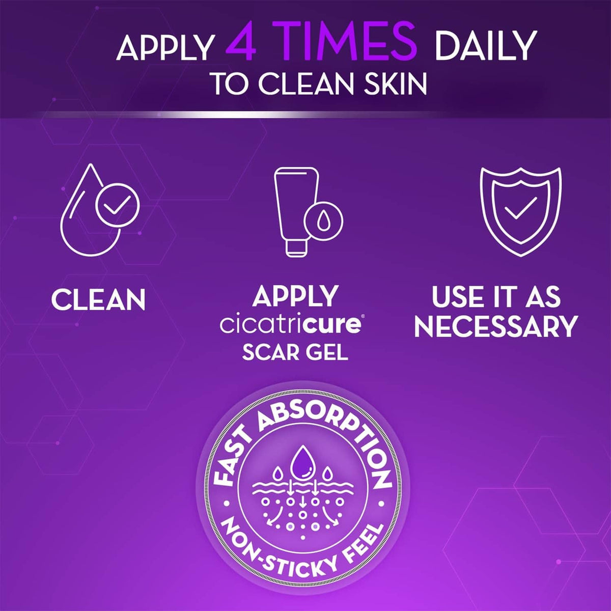 Scar gel use instructions graphic: apply 4 times daily to clean skin
