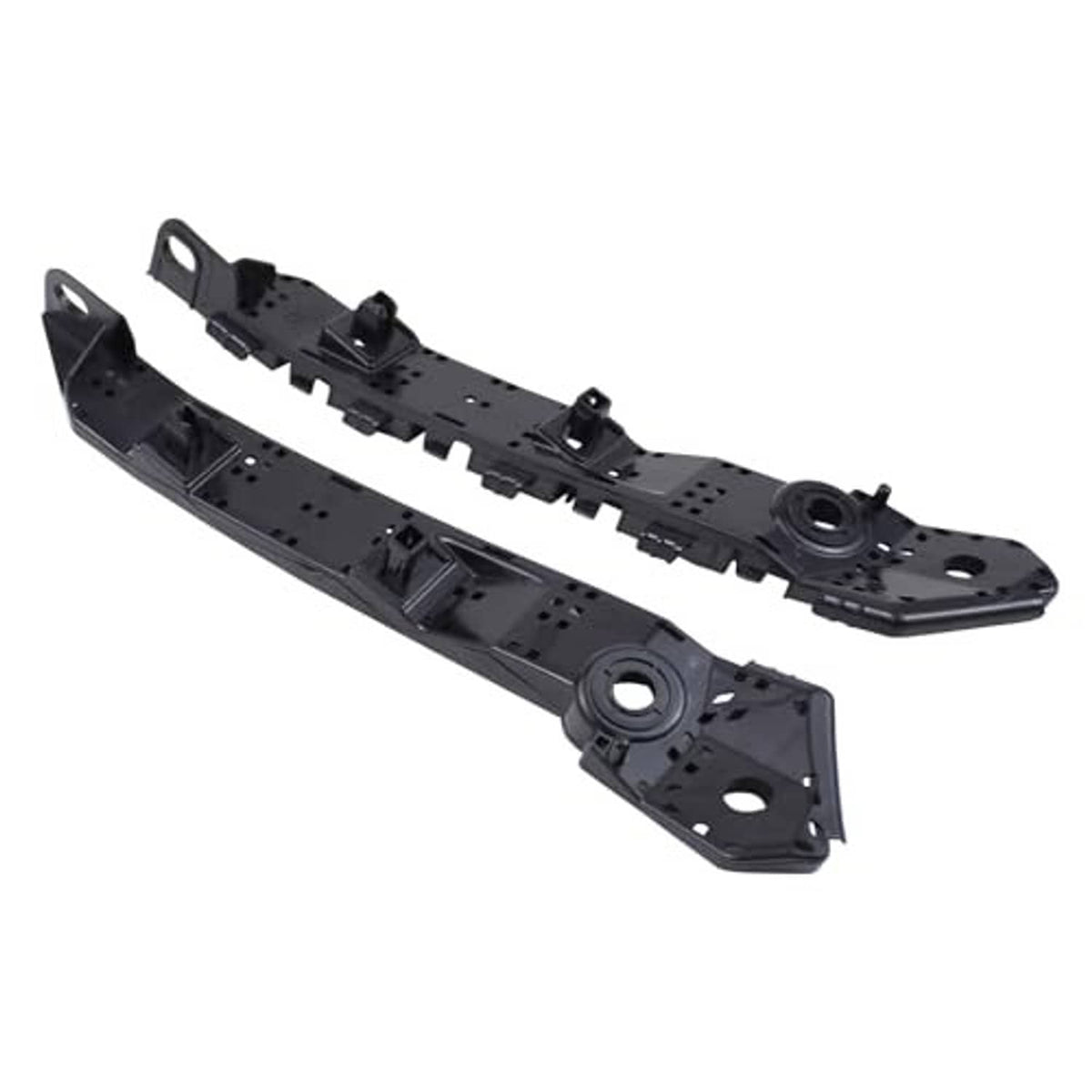 Black front bumper fender bracket support mounts with circular hub and bolt slots
