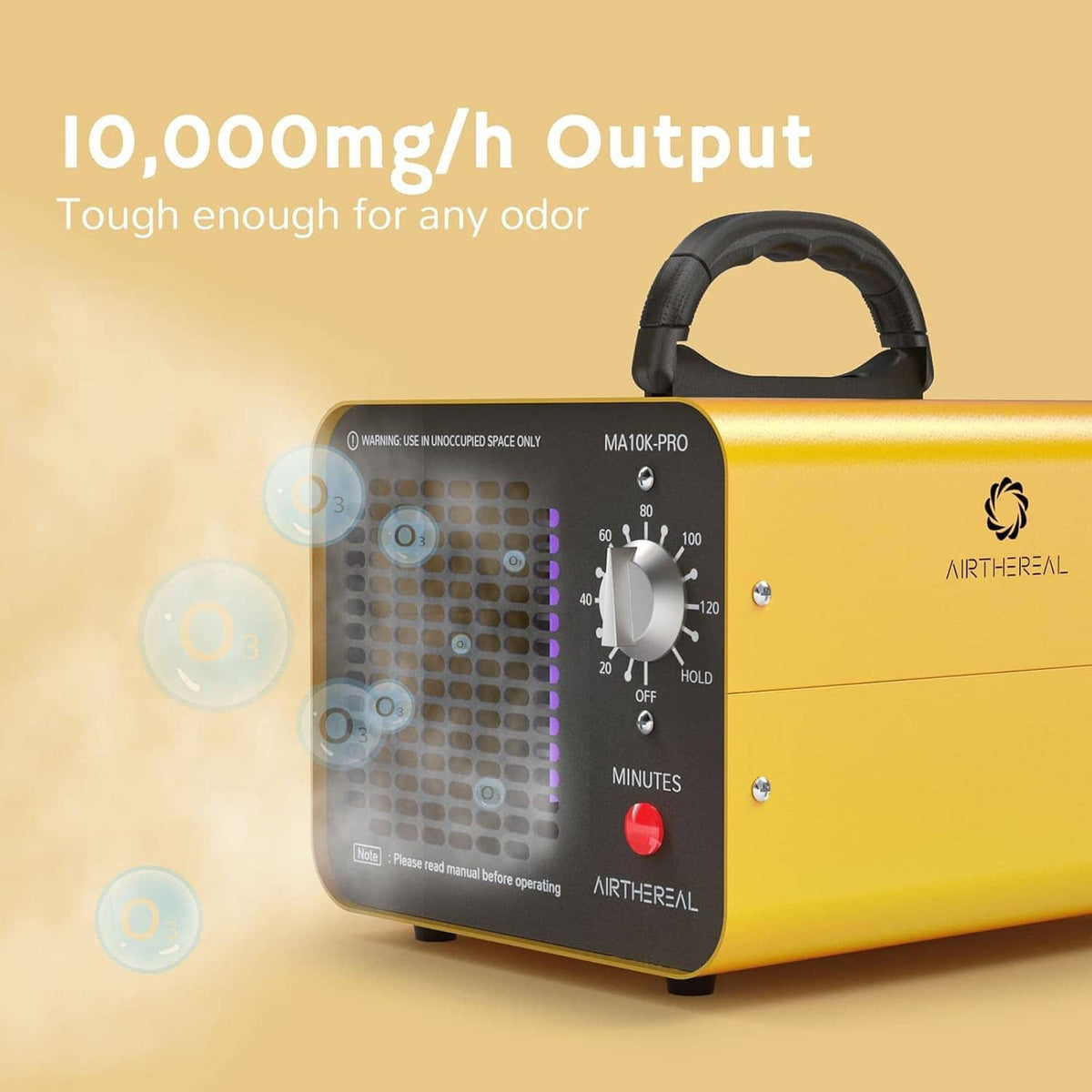 Yellow ozone generator with black front grille, timer knob, and top carry handle