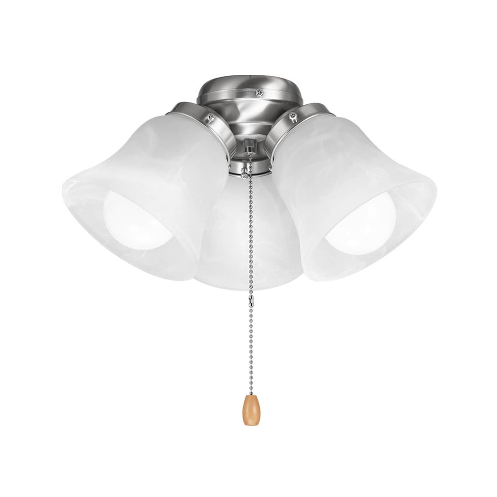 Brushed metal 3-light ceiling fan light kit with three white glass shades and pull chain