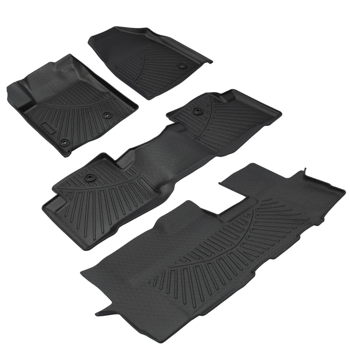 Black rubber floor liner mats set with multiple pieces and raised ridged tread